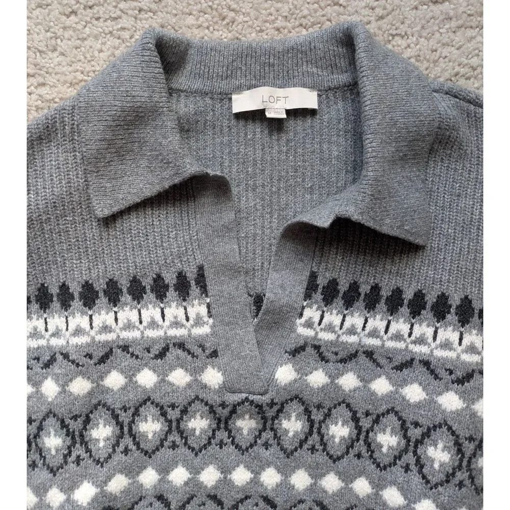 Ann Taylor LOFT Gray Soft Knitted Cropped Fair Isle Polo Sweater Sz M